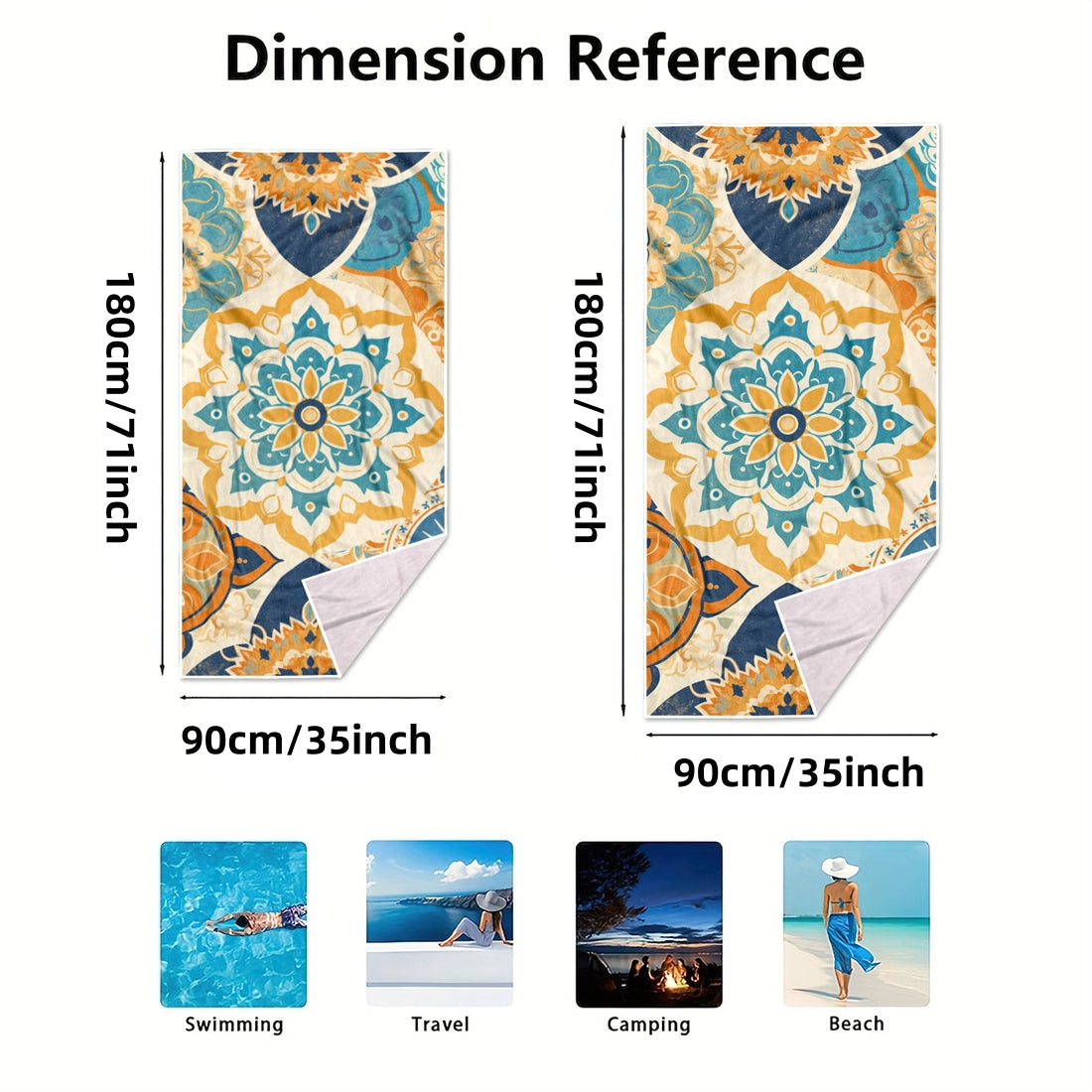 Dreammers Vintage Blue Yellow Mandala Beach Towel, Boho Bohemian Quick Dry Soft Bath Towel