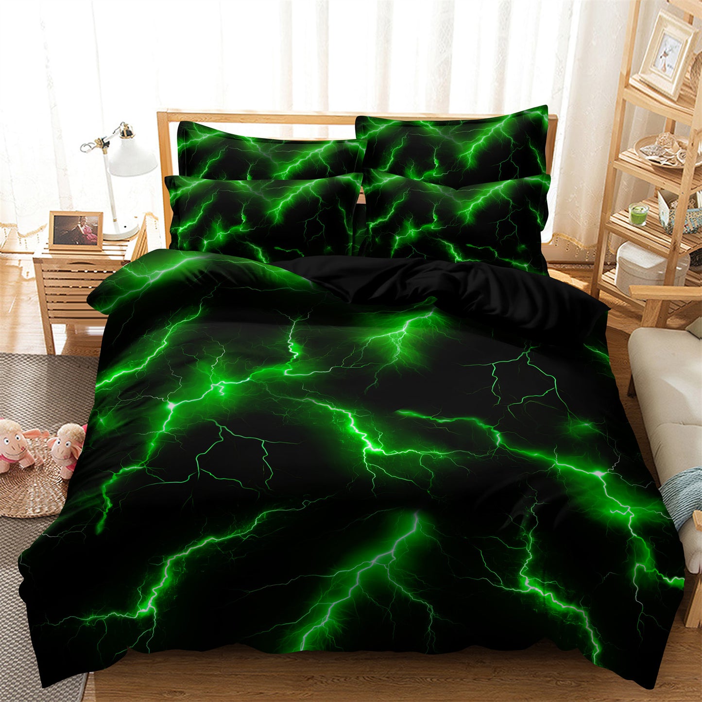 Dreammers 3D Green Lightning Duvet Cover Set, Cool Storm Soft Bedding Set with Pillowcases