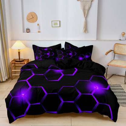 Dreammers 3D Purple Hexagon Duvet Cover Set, Modern Gamer Soft Bedding Set with Pillowcases
