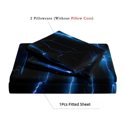 3D Blue Lightning Fitted Sheet Set, Gamer Thunderbolt Soft Bed Sheet with Pillowcases