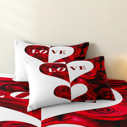 3Pcs Dreammers Red Rose Heart Love Duvet Cover Set, Romantic Soft Bedding Set with Pillowcases