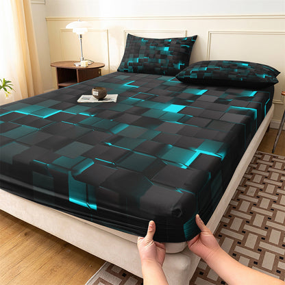 3D Cyan Black Geometric Cube Fitted Sheet Set, Gamer Pixelated Soft Bed Sheet with Pillowcases