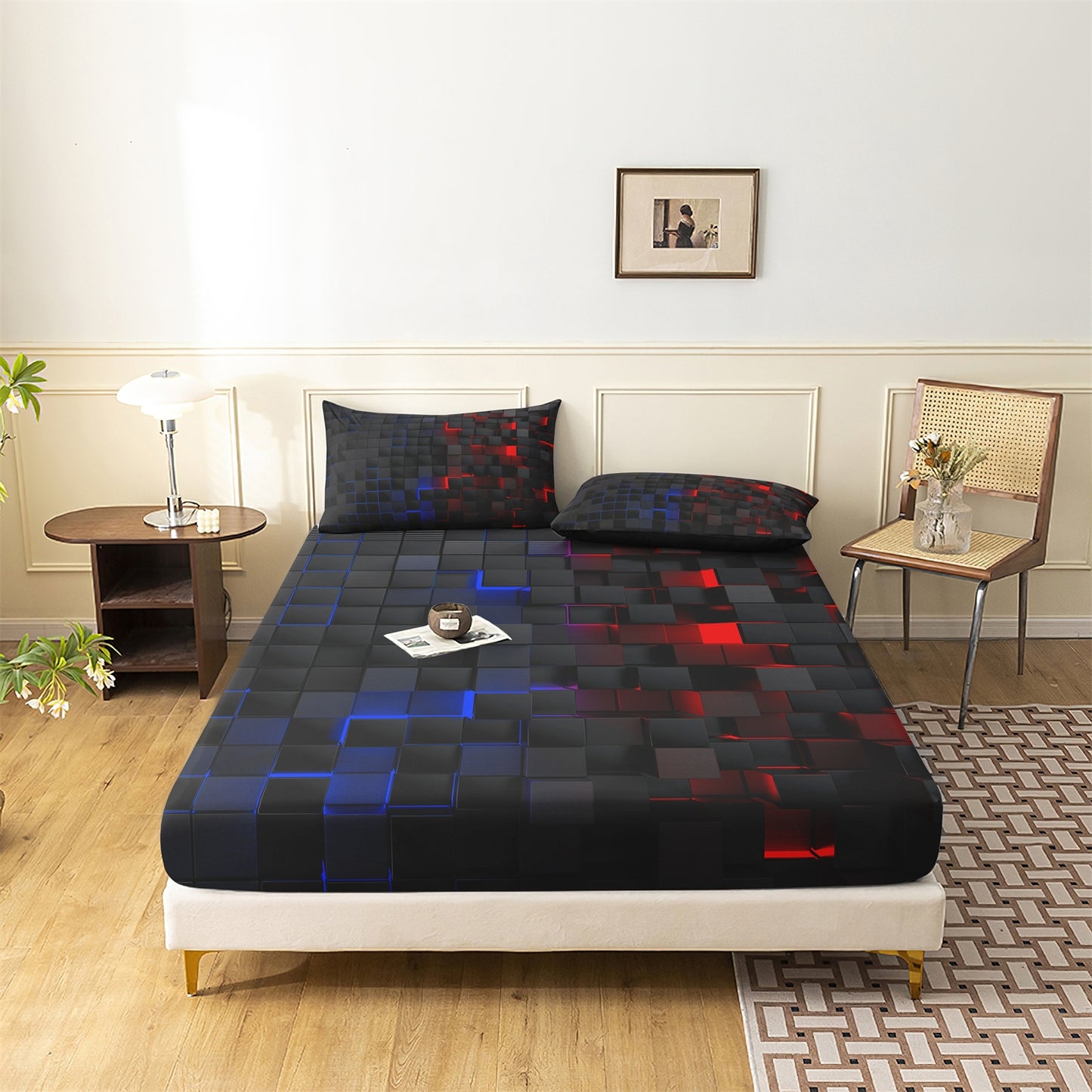 3D Red Blue Black Geometric Cube Fitted Sheet Set, Gamer Pixelated Soft Bed Sheet with Pillowcases