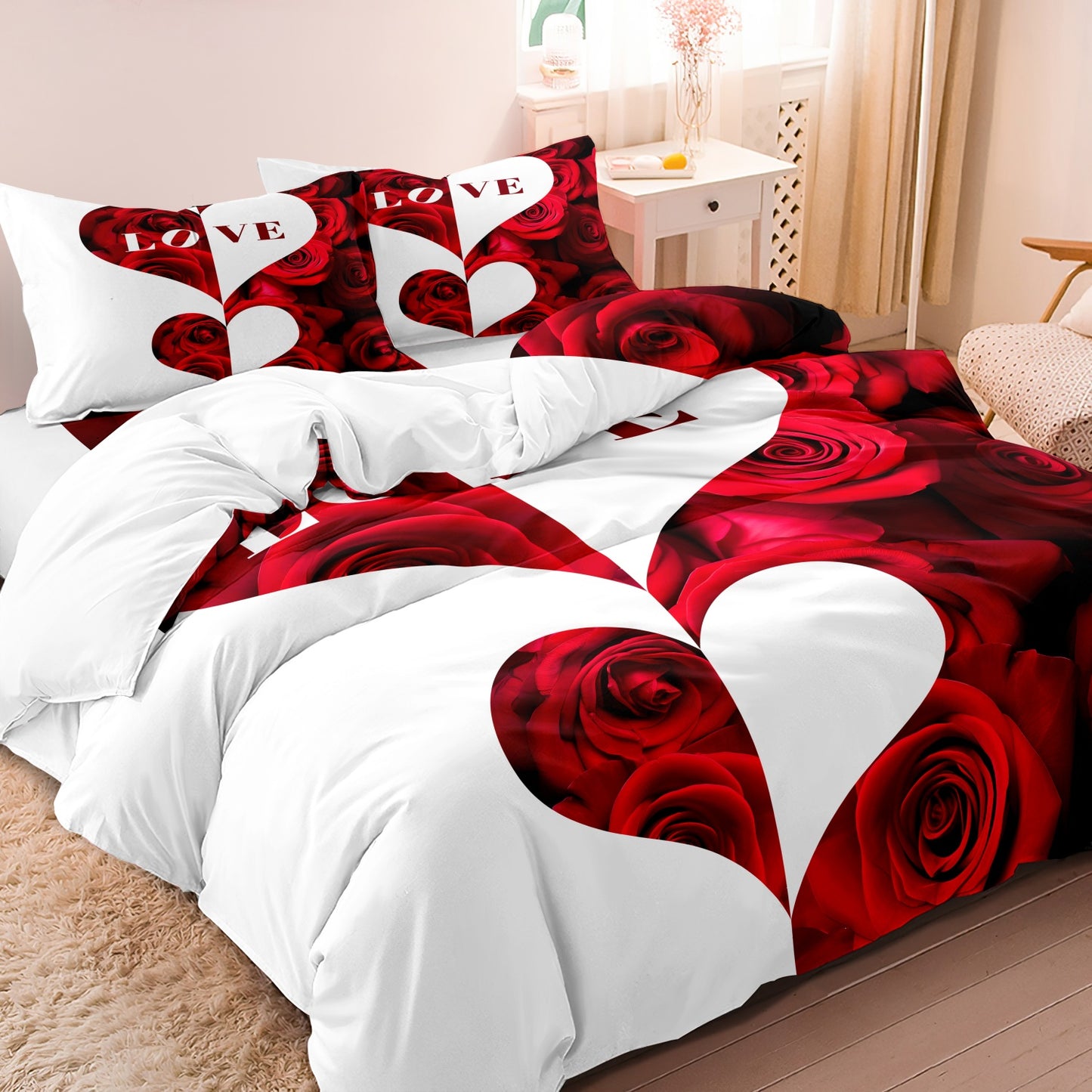 3Pcs Dreammers Red Rose Heart Love Duvet Cover Set, Romantic Soft Bedding Set with Pillowcases