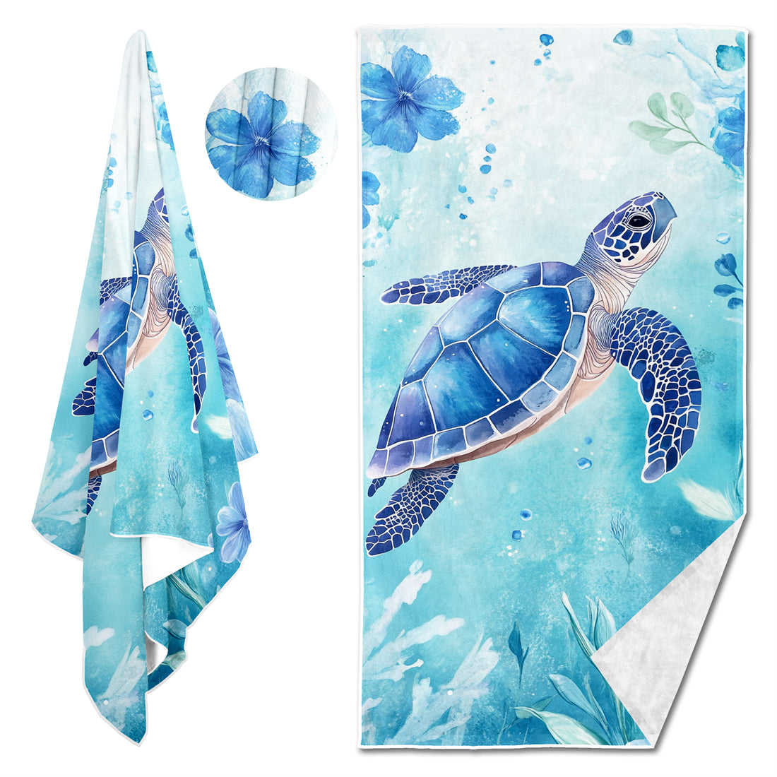 Dreammers Watercolor Sea Turtle Beach Towel, Tropical Ocean Quick Dry Soft Bath Towel