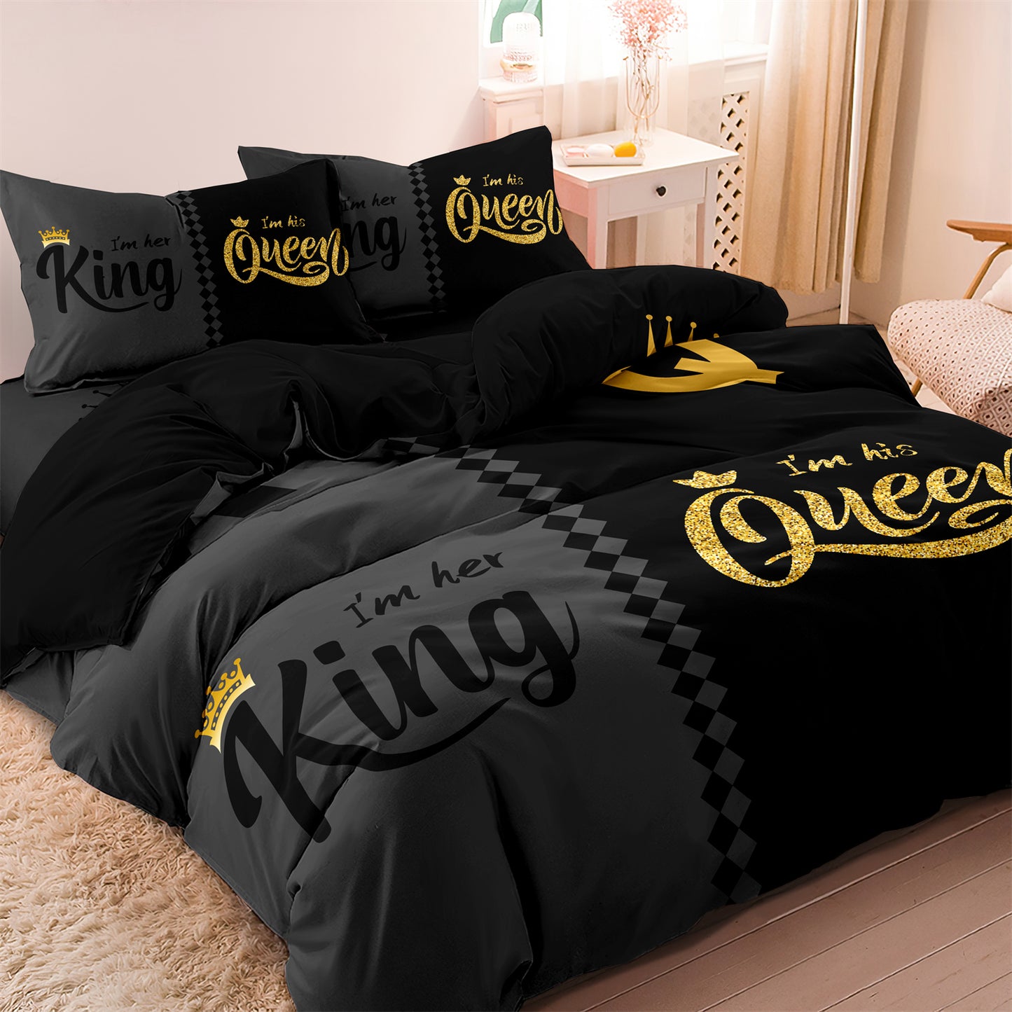 Dreammers King Queen Crown Glitter Couple Duvet Cover Set, His Hers Romantic Luxury Soft Bedding Set with Pillowcases