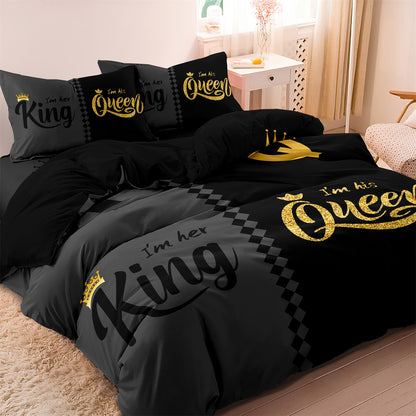 Dreammers King Queen Crown Glitter Couple Duvet Cover Set, His Hers Romantic Luxury Soft Bedding Set with Pillowcases