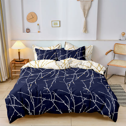Dreammers Navy Blue Gold Branch Duvet Cover Set, Modern Botanical Soft Bedding Set with Pillowcases