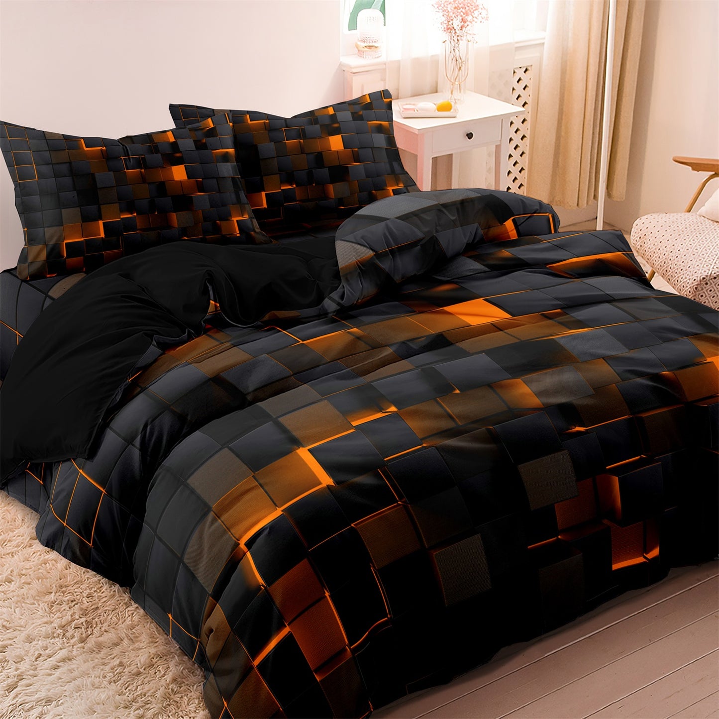 Dreammers 3D Orange Black Geometric Duvet Cover Set, Modern Soft Bedding Set with Pillowcases
