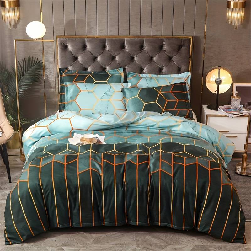 3Pcs Green Geometric Printed Quilt Duvet Cover Bedding Set