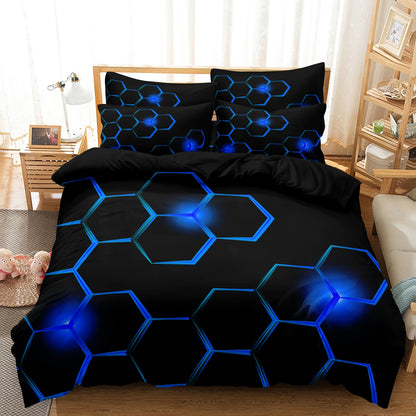 Dreammers 3D Blue Honeycomb Geometric Duvet Cover Set, Futuristic Tech Soft Bedding Set with Pillowcases
