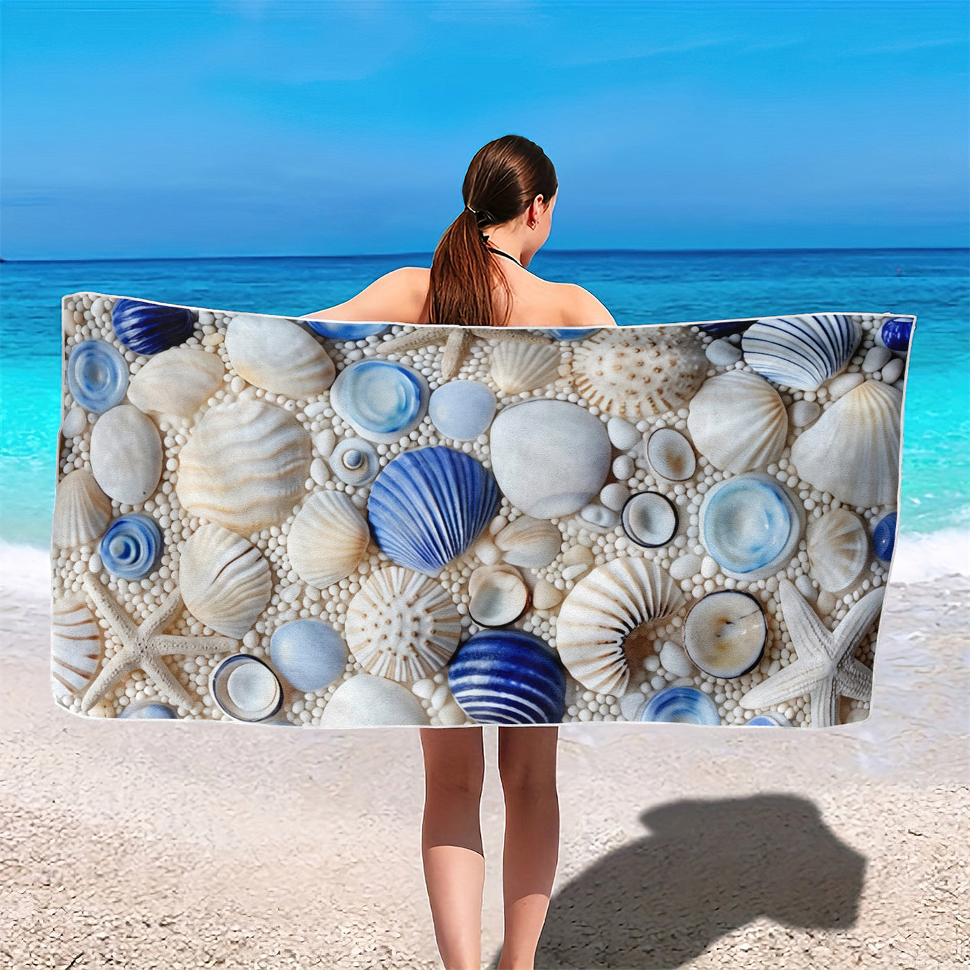 Dreammers 3D Seashell Starfish Beach Towel, Coastal Ocean Quick Dry Soft Bath Towel