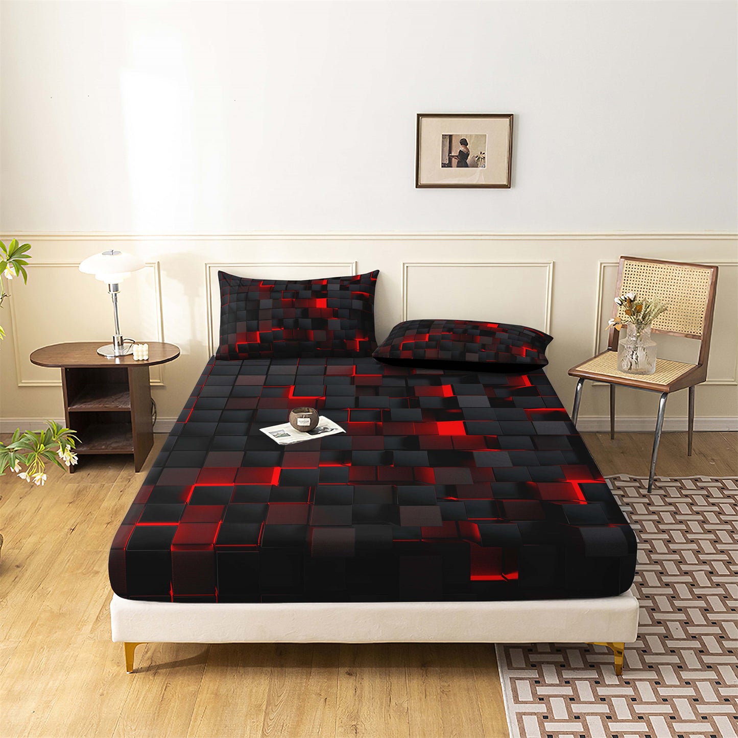 Dreammers 3D Red Black Cube Fitted Sheet, Gamer Geometric Soft Bed Sheet Set with Pillowcases