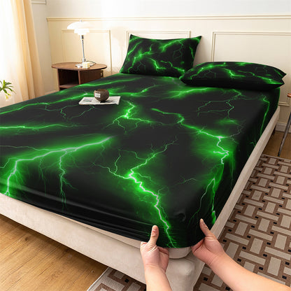 3D Green Lightning Fitted Sheet Set, Gamer Thunderbolt Soft Bed Sheet with Pillowcases