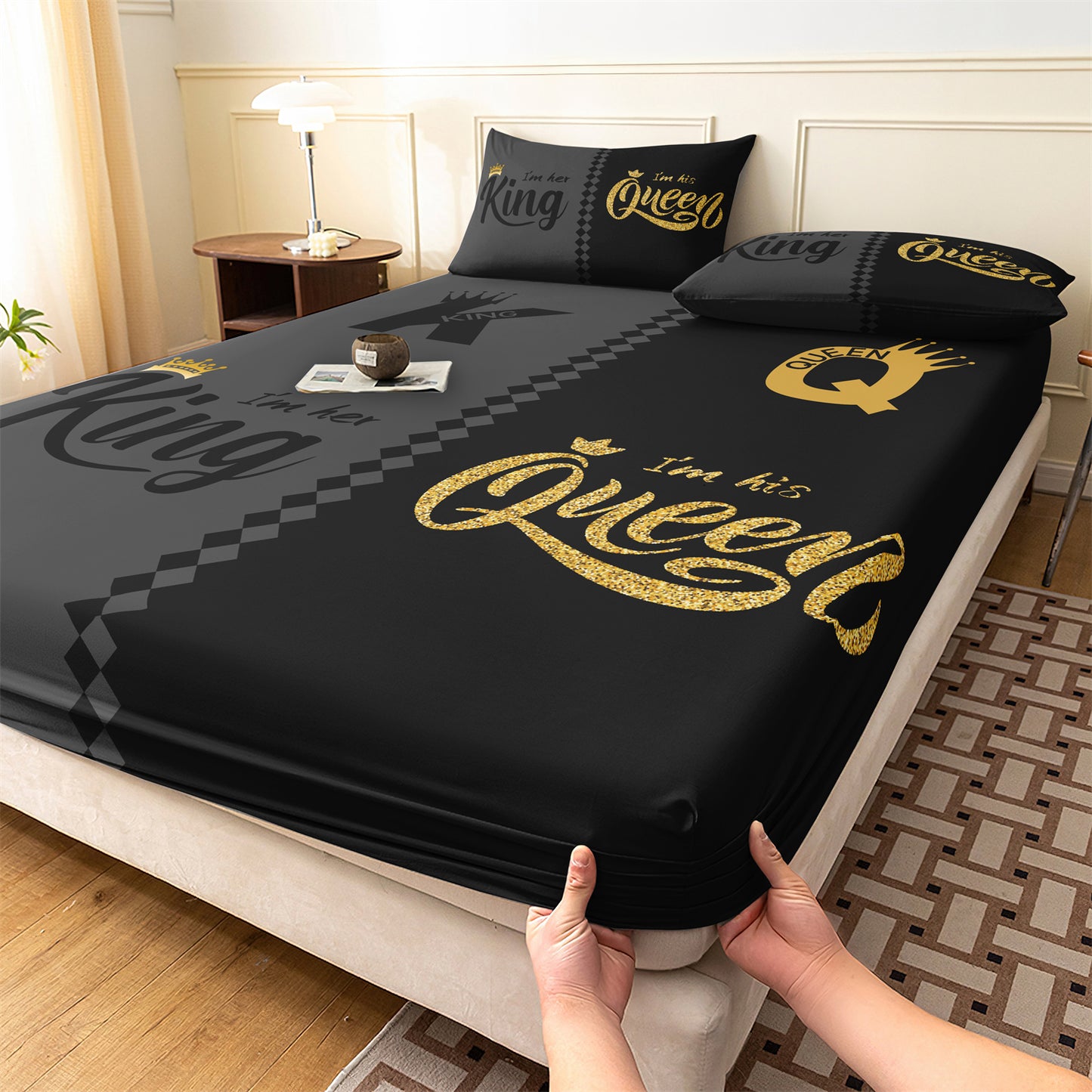 King and Queen Couple Fitted Sheet Set, Romantic His & Hers Bedding with Pillowcases for Couples Bedroom