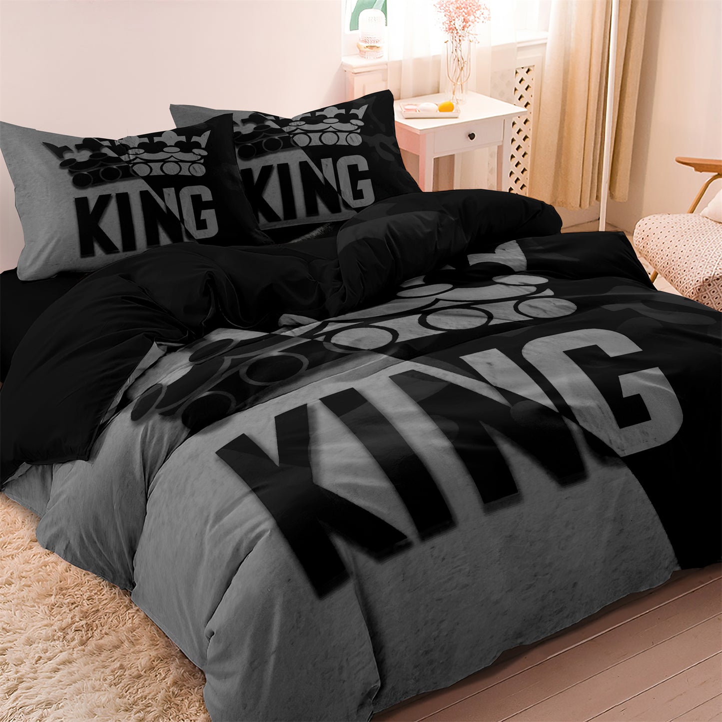 Dreammers King Crown Duvet Cover Set, Black Grey Modern Soft Bedding Set for Men