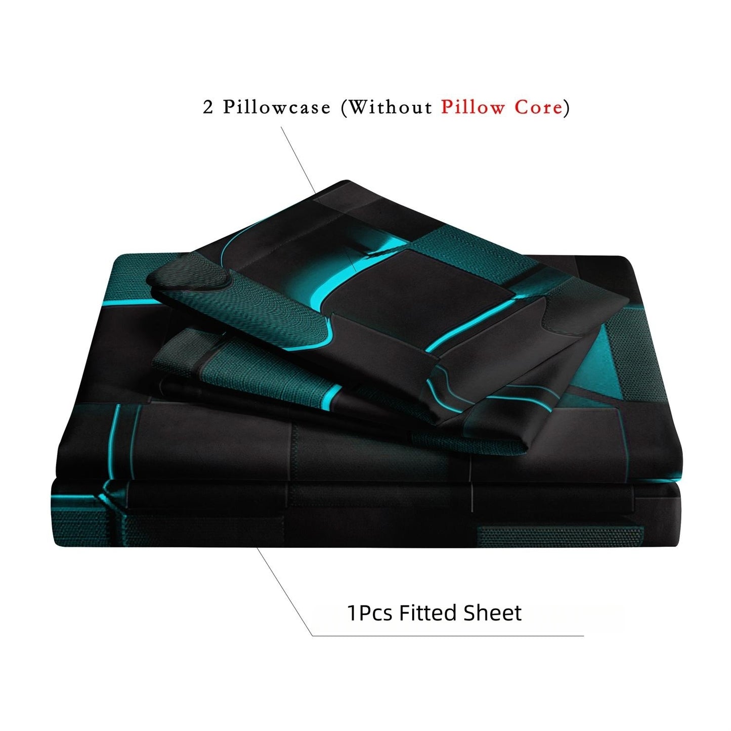 3D Cyan Black Geometric Cube Fitted Sheet Set, Gamer Pixelated Soft Bed Sheet with Pillowcases