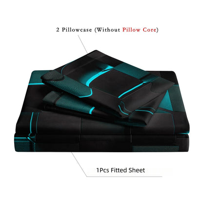 3D Cyan Black Geometric Cube Fitted Sheet Set, Gamer Pixelated Soft Bed Sheet with Pillowcases