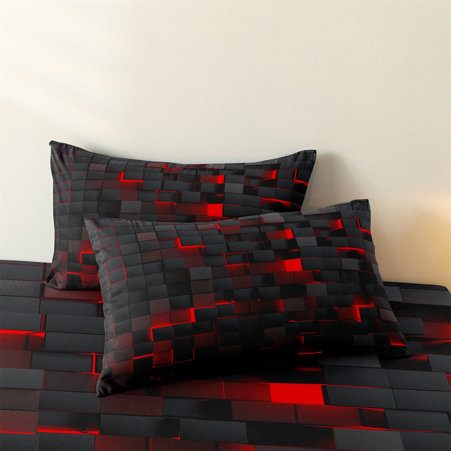 3Pcs Dreammers 3D Red Black Geometric Duvet Cover Set, Modern Soft Bedding Set with Pillowcases