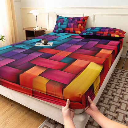 3D Colorful Woven Geometric Fitted Sheet Set, Vibrant Abstract Soft Bed Sheet with Pillowcases