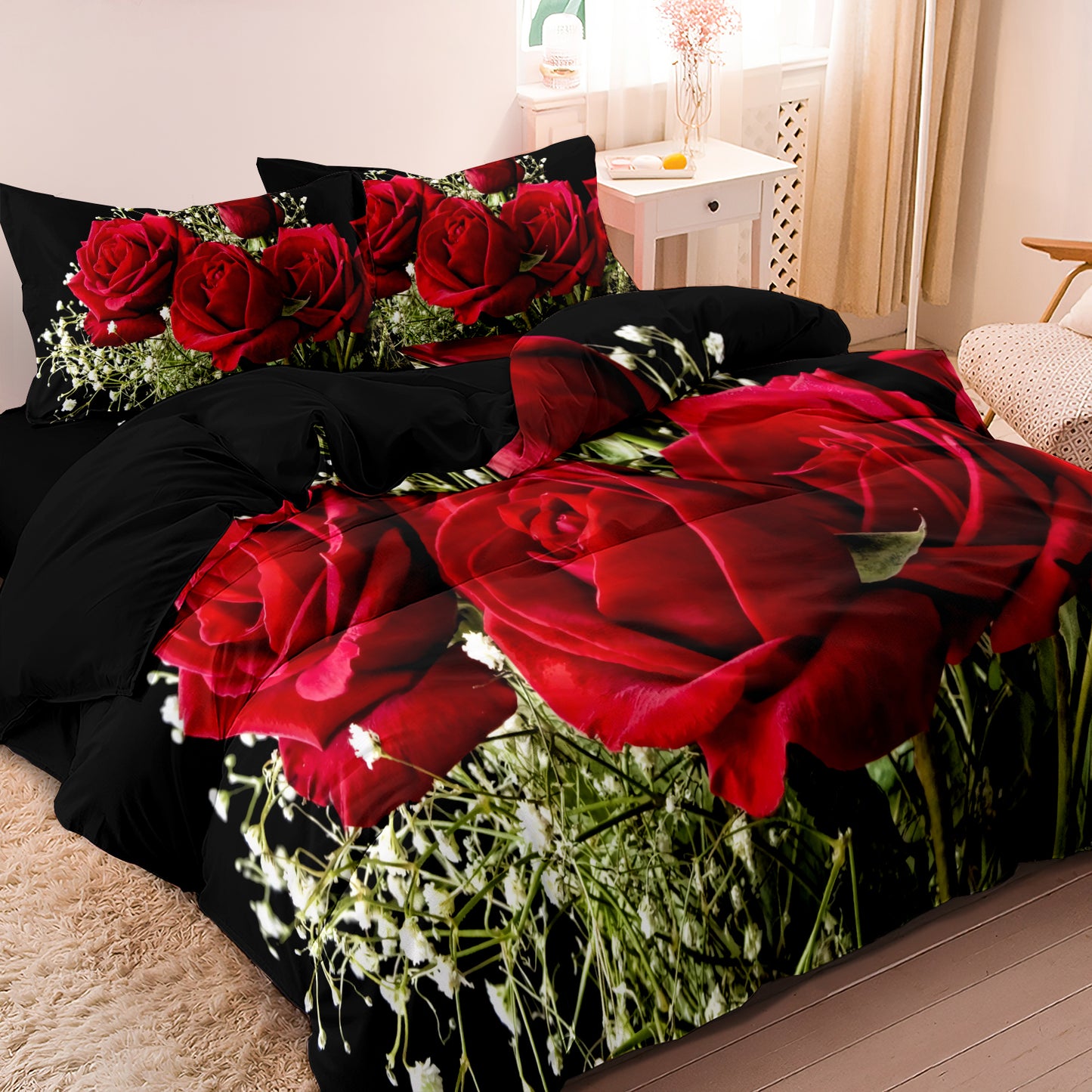 Dreammers Red Rose Gypsophila Duvet Cover Set, Romantic Floral Soft Bedding Set with Pillowcases