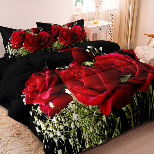 Dreammers Red Rose Gypsophila Duvet Cover Set, Romantic Floral Soft Bedding Set with Pillowcases