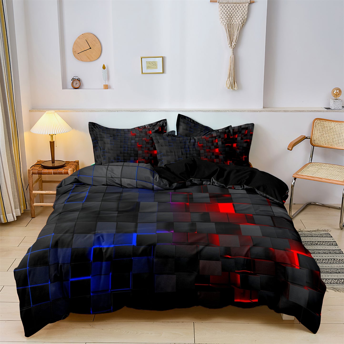 Dreammers 3D Red Blue Gradient Geometric Duvet Cover Set, Modern Soft Bedding Set with Pillowcases