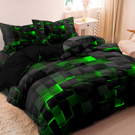 Dreammers 3D Green Black Cube Duvet Cover Set, Gamer Geometric Soft Bedding Set with Pillowcases
