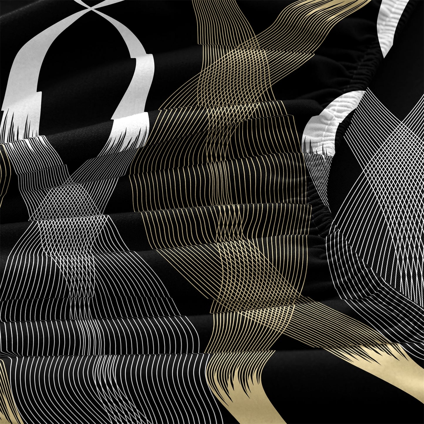 Luxury Gold Black Wave Geometric Fitted Sheet Set, Modern Abstract Soft Bed Sheet with Pillowcases