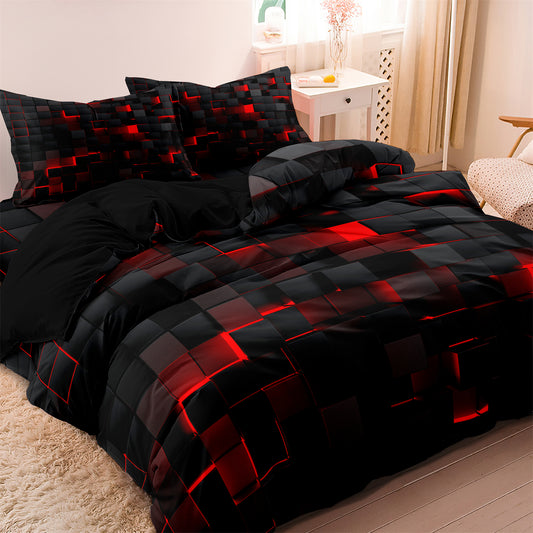 3Pcs Dreammers 3D Red Black Geometric Duvet Cover Set, Modern Soft Bedding Set with Pillowcases
