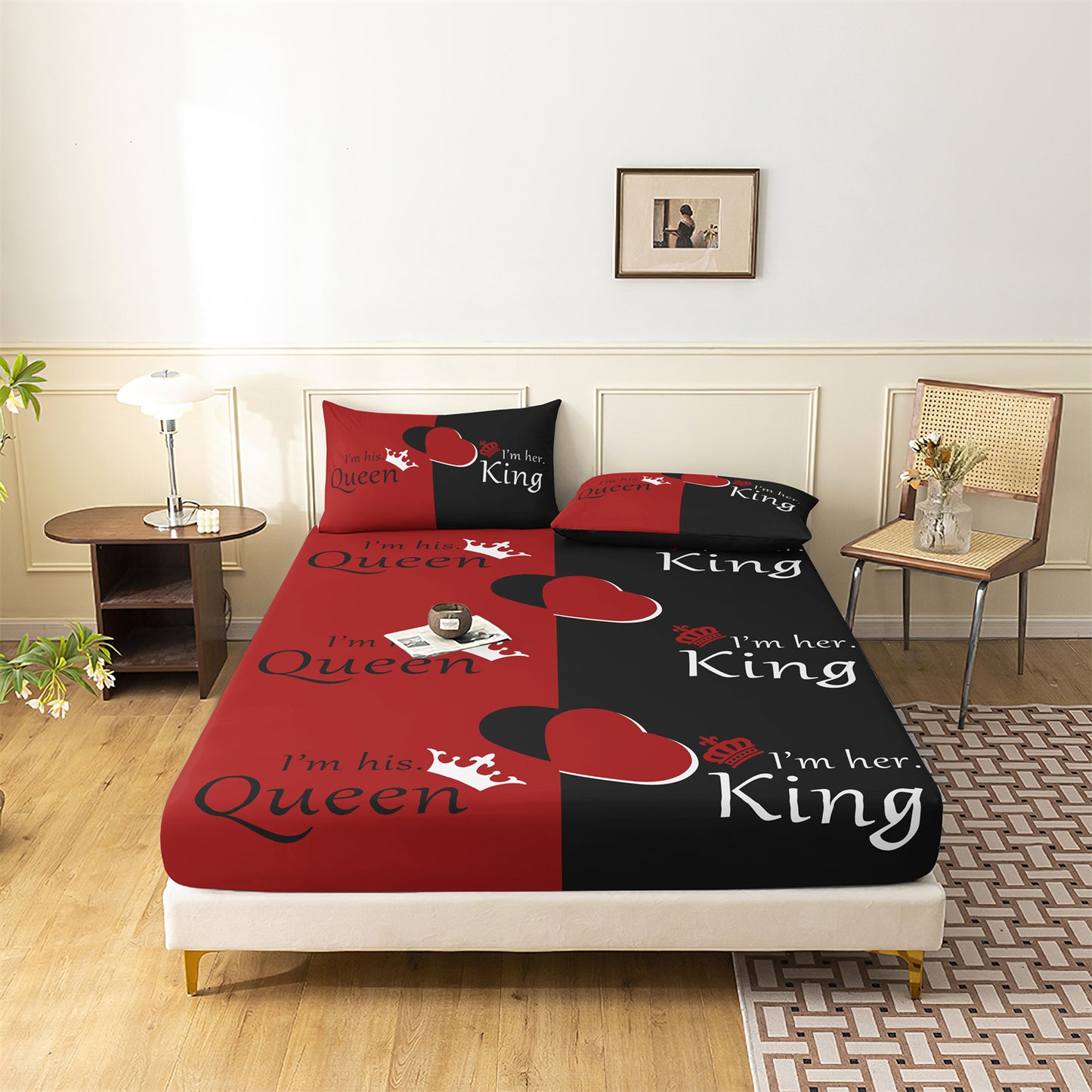 King and Queen Couple Fitted Sheet Set, Romantic Red Black Heart Bedding with Pillowcases