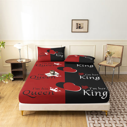 King and Queen Couple Fitted Sheet Set, Romantic Red Black Heart Bedding with Pillowcases