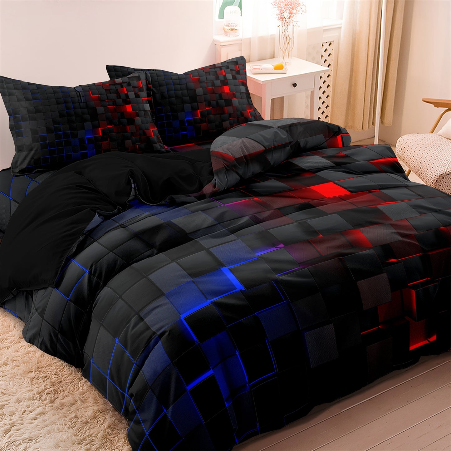 Dreammers 3D Red Blue Gradient Geometric Duvet Cover Set, Modern Soft Bedding Set with Pillowcases