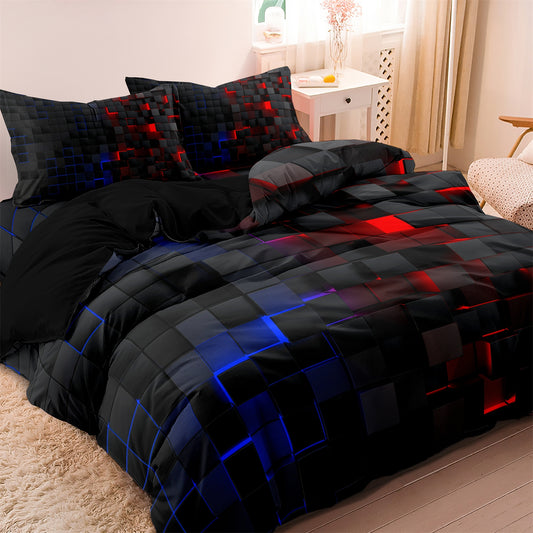 Dreammers 3D Red Blue Gradient Geometric Duvet Cover Set, Modern Soft Bedding Set with Pillowcases