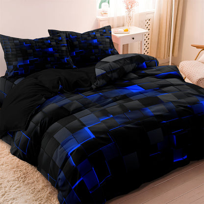 3Pcs Dreammers 3D Blue Black Geometric Duvet Cover Set, Modern Soft Bedding Set with Pillowcases