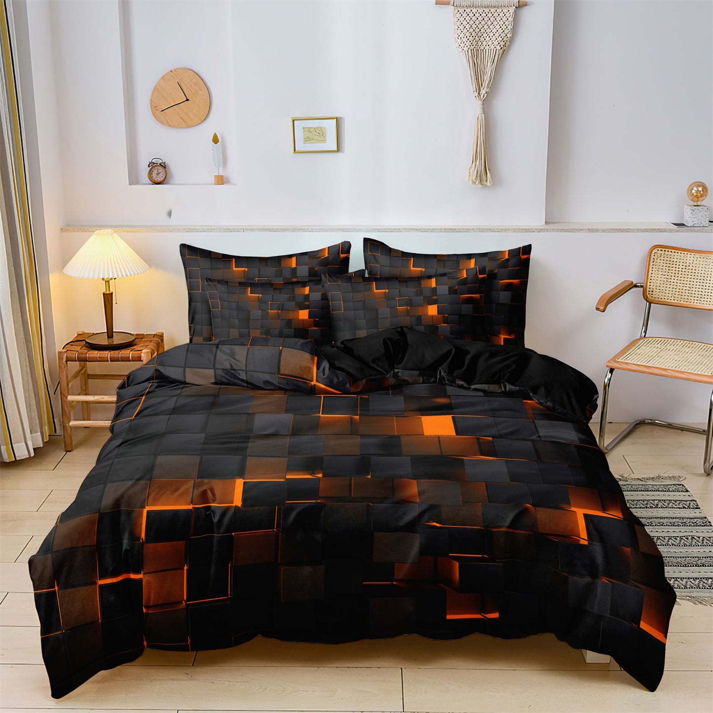 Dreammers 3D Orange Black Geometric Duvet Cover Set, Modern Soft Bedding Set with Pillowcases