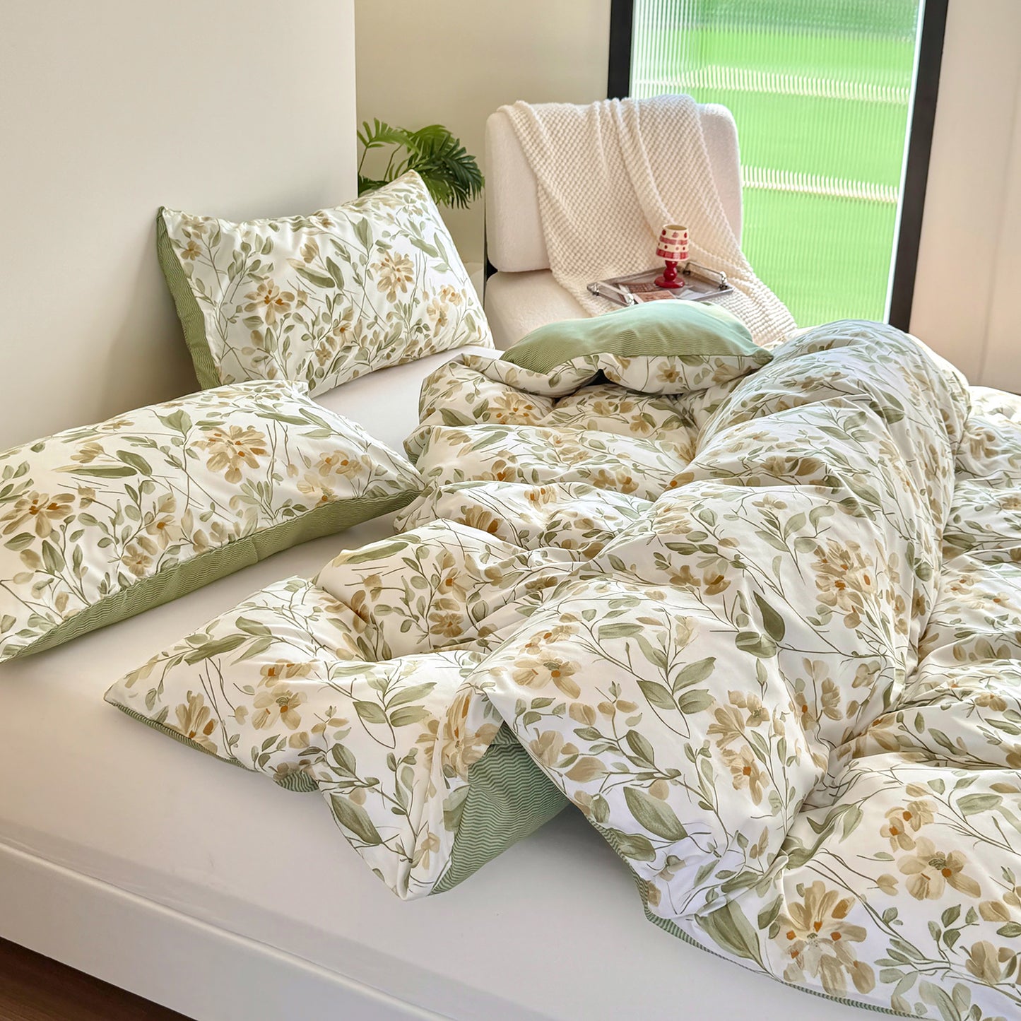 3Pcs Grass Green Double Sided Plant Printed Quilt Duvet Cover Bedding Set