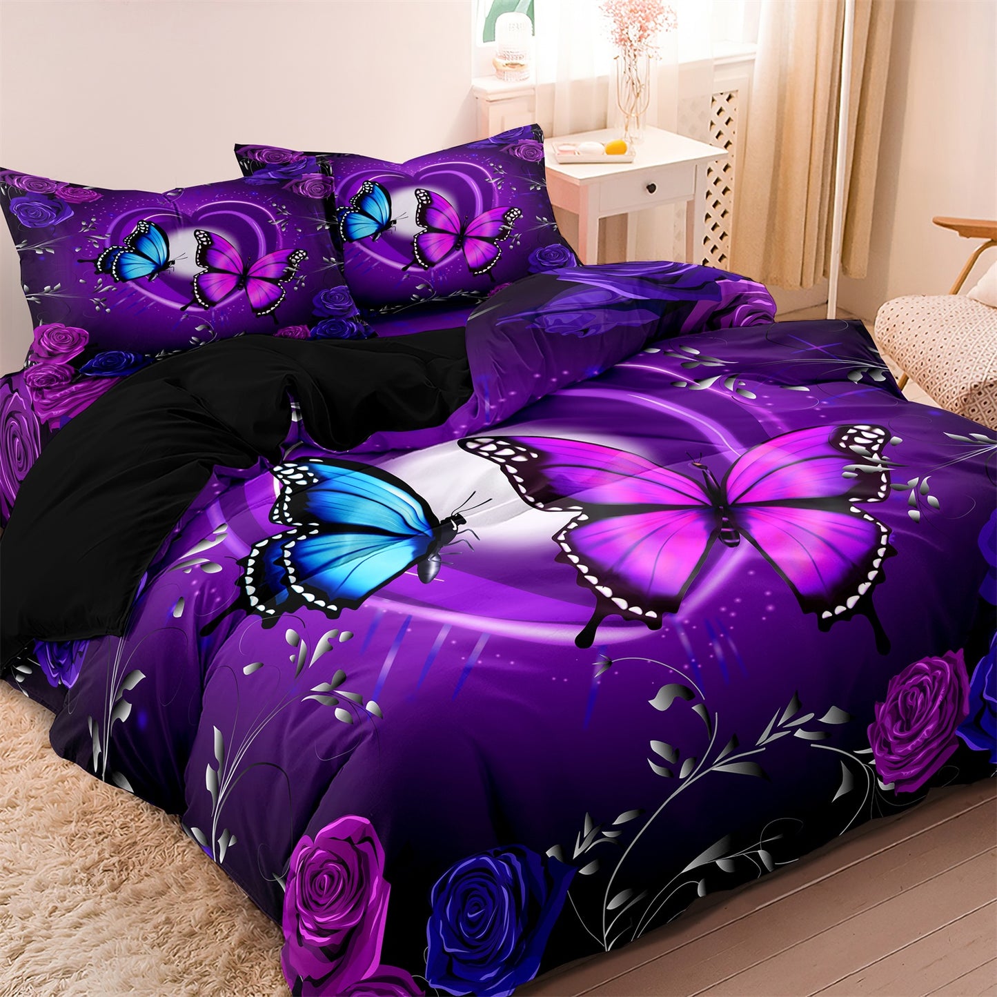 Dreammers 3D Purple Rose Butterfly Duvet Cover Set, Romantic Floral Soft Bedding Set with Pillowcases