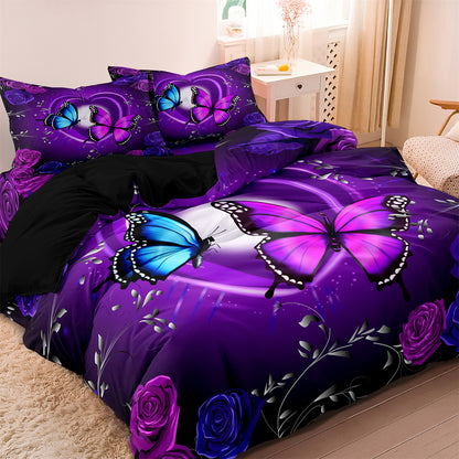 Dreammers 3D Purple Rose Butterfly Duvet Cover Set, Romantic Floral Soft Bedding Set with Pillowcases