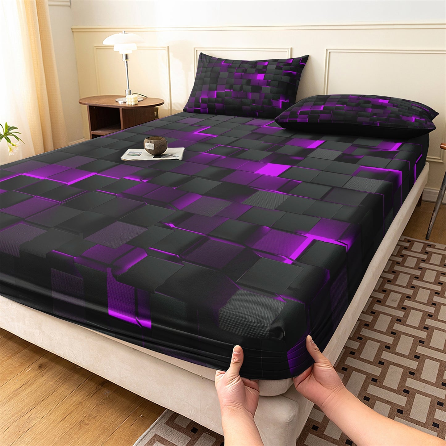 3D Purple Black Geometric Cube Fitted Sheet Set, Gamer Pixelated Soft Bed Sheet with Pillowcases