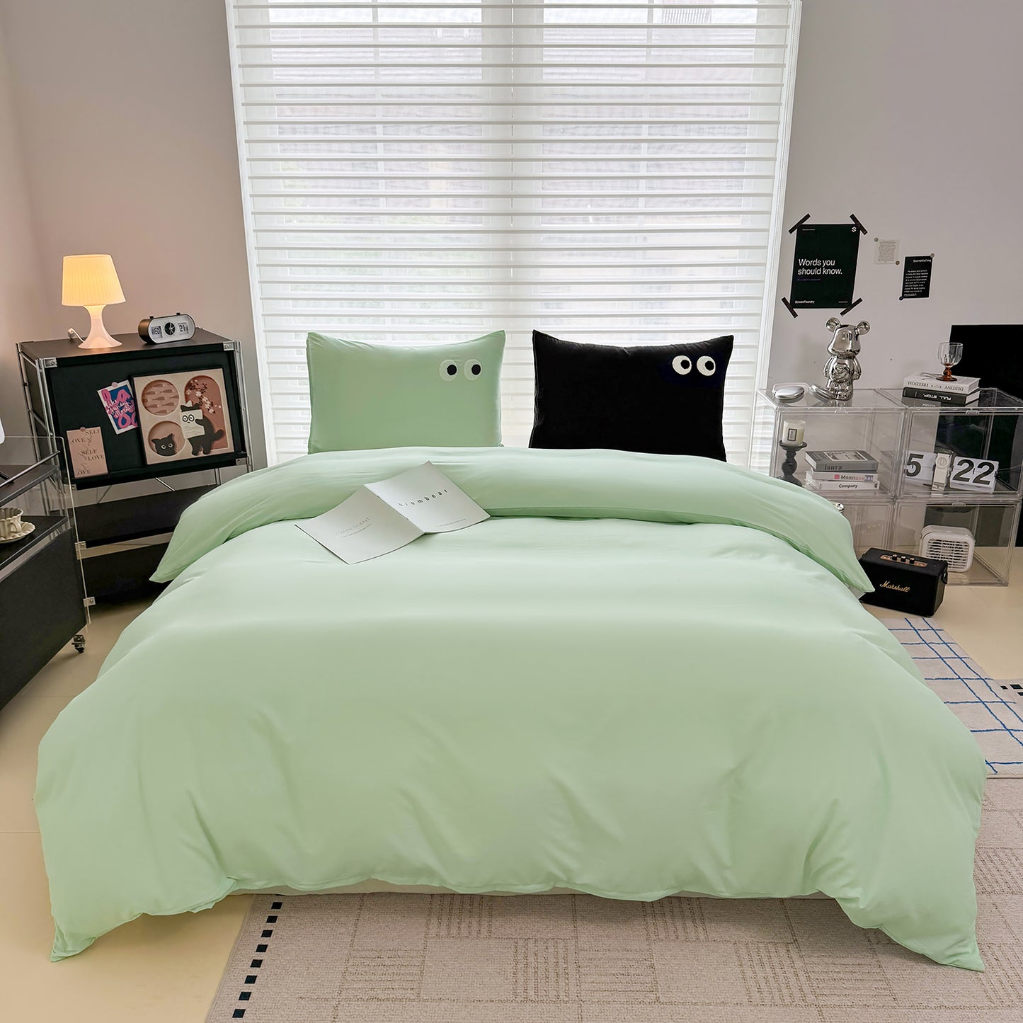 3Pcs Green Eye Embroidery Printed Quilt Duvet Cover Bedding Set