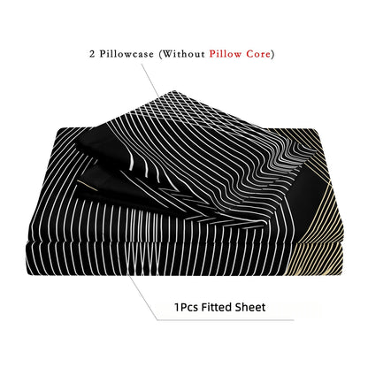 Luxury Gold Black Wave Geometric Fitted Sheet Set, Modern Abstract Soft Bed Sheet with Pillowcases