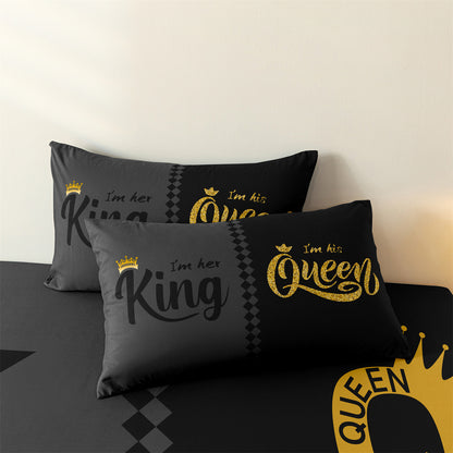 King and Queen Couple Fitted Sheet Set, Romantic His & Hers Bedding with Pillowcases for Couples Bedroom
