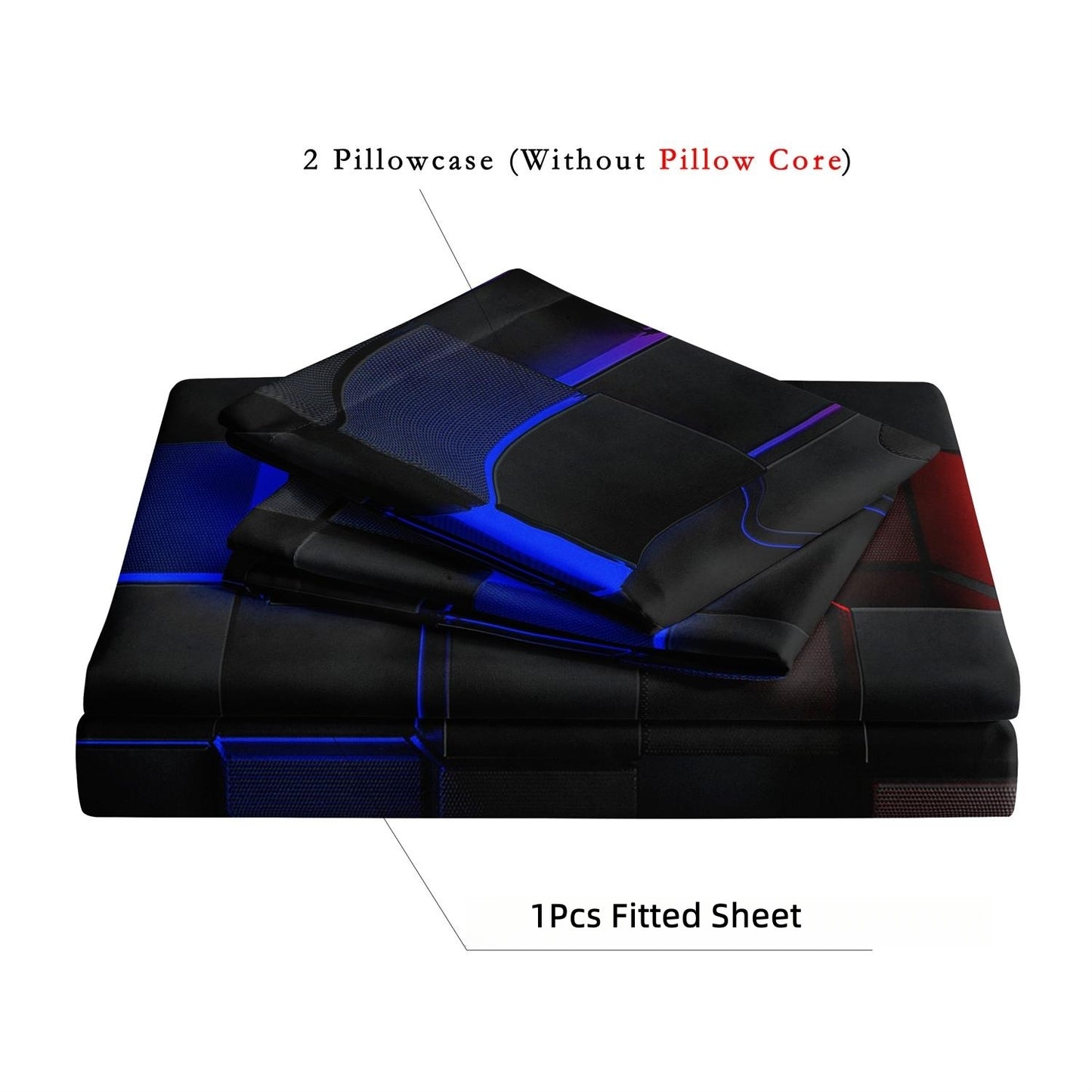 3D Red Blue Black Geometric Cube Fitted Sheet Set, Gamer Pixelated Soft Bed Sheet with Pillowcases