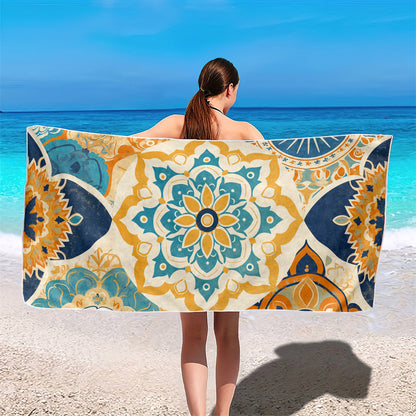 Dreammers Vintage Blue Yellow Mandala Beach Towel, Boho Bohemian Quick Dry Soft Bath Towel