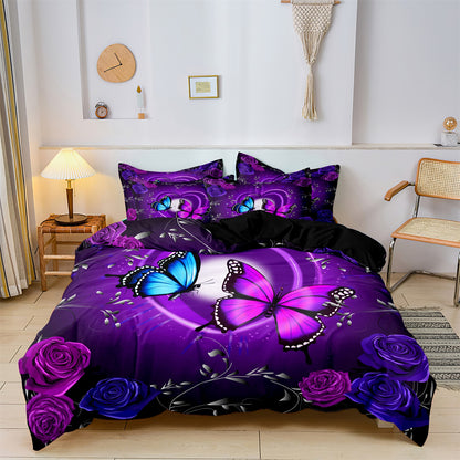 Dreammers 3D Purple Rose Butterfly Duvet Cover Set, Romantic Floral Soft Bedding Set with Pillowcases