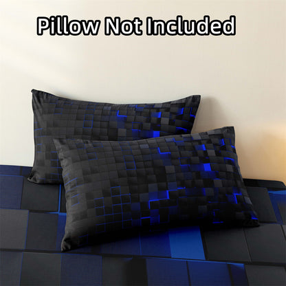 3D Blue Black Geometric Cube Fitted Sheet Set, Gamer Pixelated Soft Bed Sheet with Pillowcases