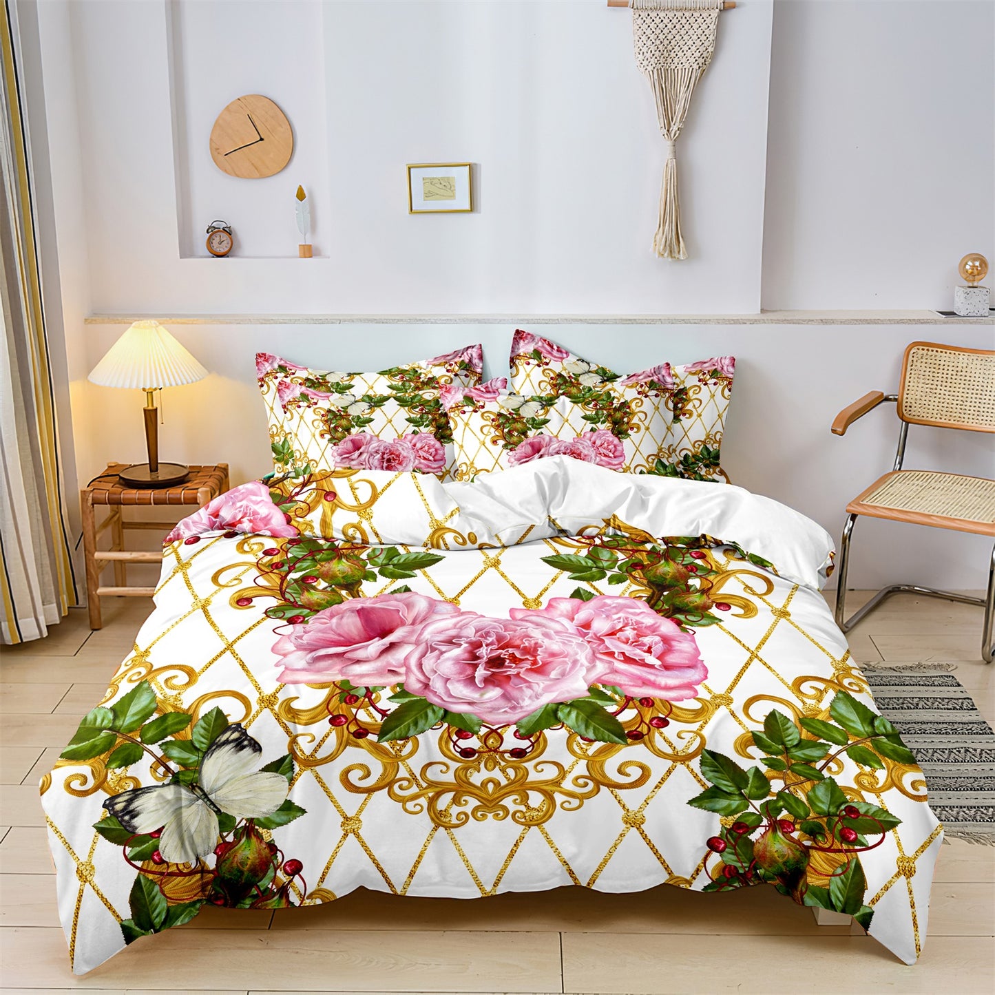 Dreammers Luxury Pink Rose Butterfly Duvet Cover Set, Elegant Floral Soft Bedding Set with Pillowcases
