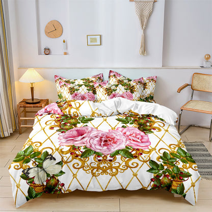 Dreammers Luxury Pink Rose Butterfly Duvet Cover Set, Elegant Floral Soft Bedding Set with Pillowcases
