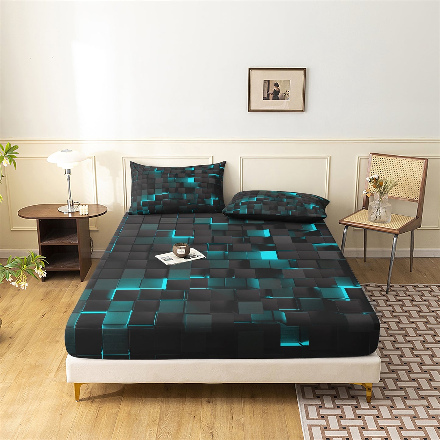 3D Cyan Black Geometric Cube Fitted Sheet Set, Gamer Pixelated Soft Bed Sheet with Pillowcases